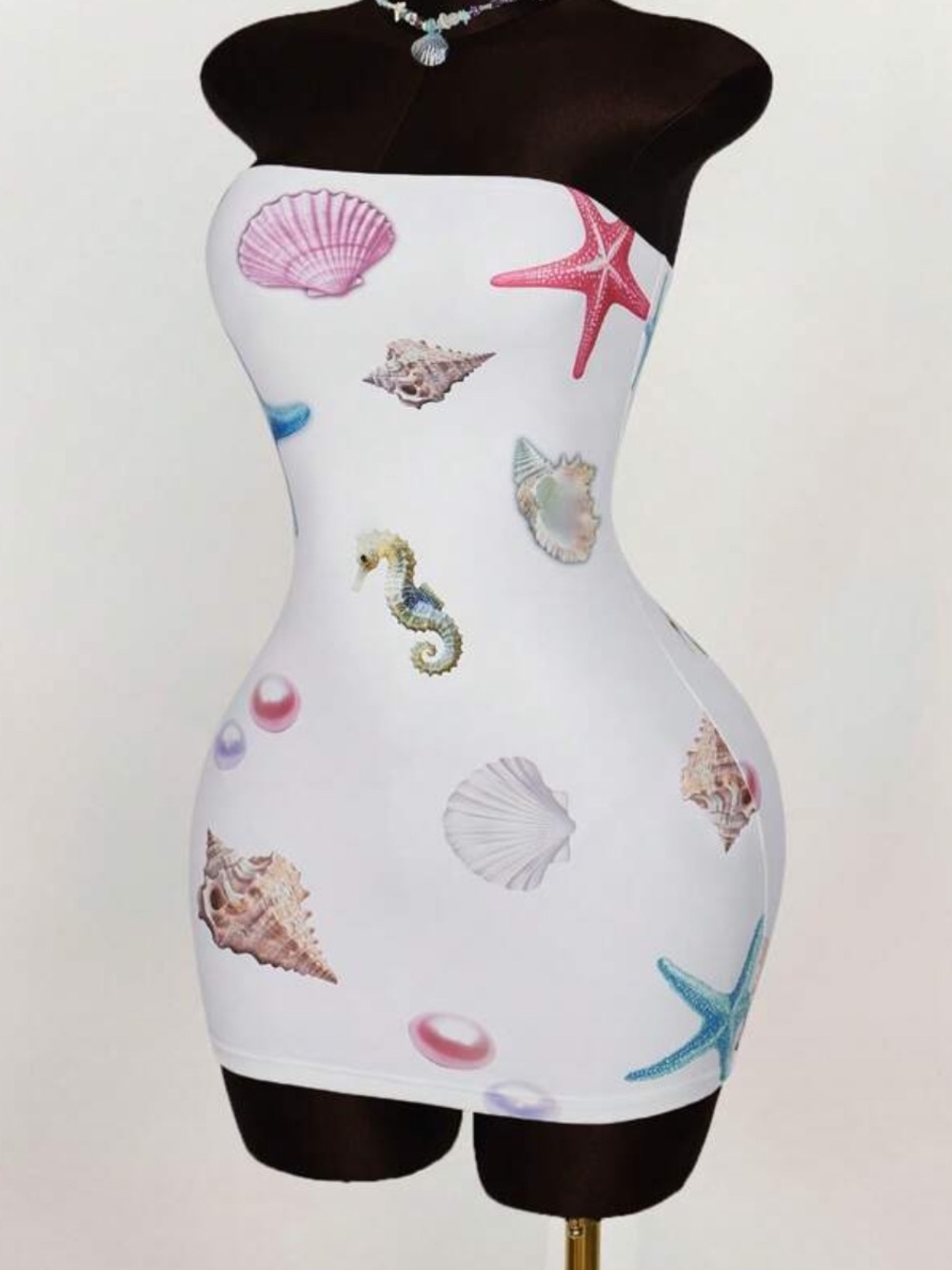 White Strapless Seashell Print Bodycon Dress